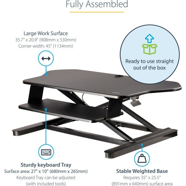 StarTech.com Corner Sit Stand Desk Converter with Keyboard Tray, Large Surface 35"x21" , Height Adjustable Ergonomic Tabletop Standing Desk - Image 4