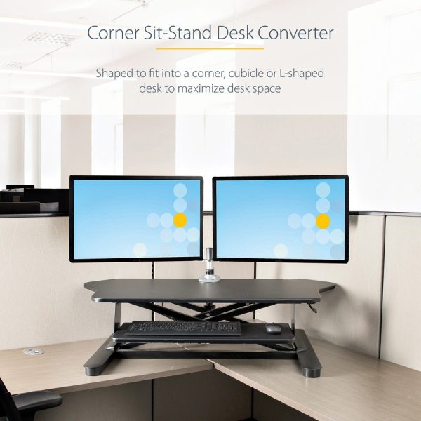 StarTech.com Corner Sit Stand Desk Converter with Keyboard Tray, Large Surface 35"x21" , Height Adjustable Ergonomic Tabletop Standing Desk - Image 8