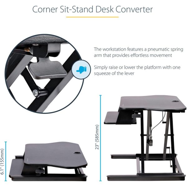 StarTech.com Corner Sit Stand Desk Converter with Keyboard Tray, Large Surface 35"x21" , Height Adjustable Ergonomic Tabletop Standing Desk - Image 9