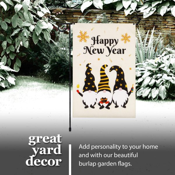 G128 Combo Pack: Garden Flag Stand Black 36 in x 16 in & Garden Flag Happy New Year Decoration Three Celebrating Gnomes 12"x18" Double-Sided Burlap Fabric - Image 5