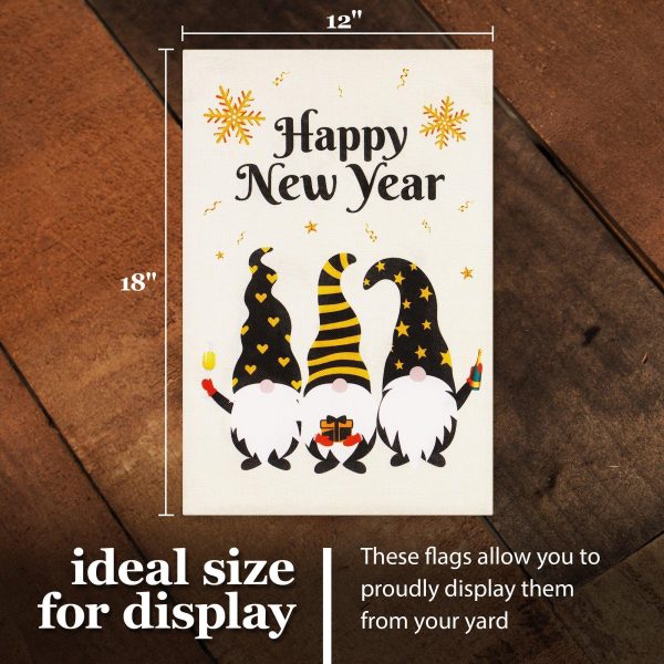 G128 Combo Pack: Garden Flag Stand Black 36 in x 16 in & Garden Flag Happy New Year Decoration Three Celebrating Gnomes 12"x18" Double-Sided Burlap Fabric - Image 7