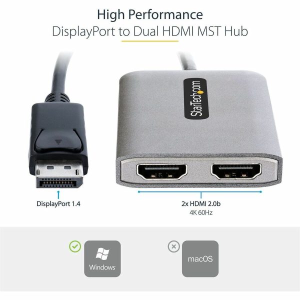 StarTech.com DP to Dual HDMI MST HUB, Dual HDMI 4K 60Hz, 2 Port DisplayPort Multi Monitor Adapter with 1ft/30cm Cable, DP 1.4 | DSC | HBR3 - Image 2