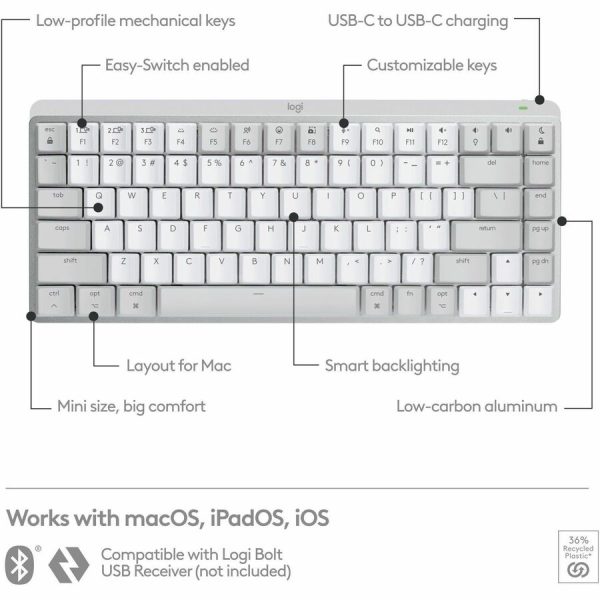Logitech MX Mechanical Mini for Mac Wireless Illuminated Keyboard, Low-Profile Switches, Tactile Quiet Keys, Pale Gray - Image 6