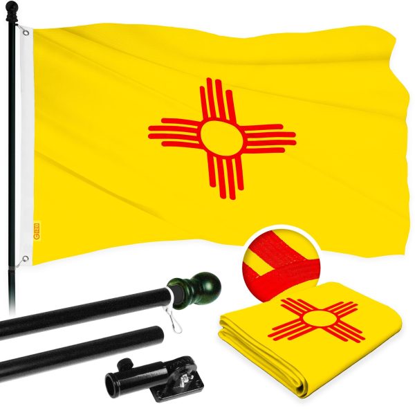 G128 Combo Pack: 5 Ft Tangle Free Aluminum Spinning Flagpole (Black) & New Mexico NM State Flag 2.5x4 Ft, ToughWeave Series Embroidered 300D Polyester | Pole with Flag Included
