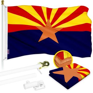 G128 Combo Pack: 6 Ft Tangle Free Aluminum Spinning Flagpole (White) & Arizona AZ State Flag 3x5 Ft, ToughWeave Series Embroidered 300D Polyester | Pole with Flag Included