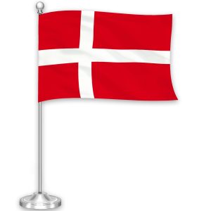 G128 Denmark Danish Deluxe Desk Flag Set | 8.5x5.5 In | Printed 300D Polyester, with Silver Dome and Base, 15" Metal Pole, Decorations For Office, Home and Festival Events Celebration