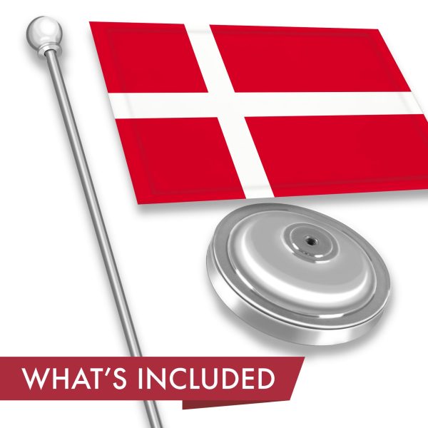G128 Denmark Danish Deluxe Desk Flag Set | 8.5x5.5 In | Printed 300D Polyester, with Silver Dome and Base, 15" Metal Pole, Decorations For Office, Home and Festival Events Celebration - Image 2
