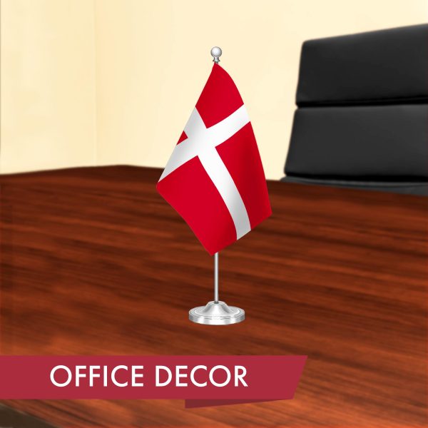 G128 Denmark Danish Deluxe Desk Flag Set | 8.5x5.5 In | Printed 300D Polyester, with Silver Dome and Base, 15" Metal Pole, Decorations For Office, Home and Festival Events Celebration - Image 4