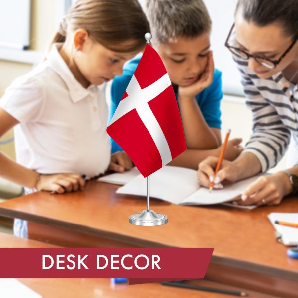 G128 Denmark Danish Deluxe Desk Flag Set | 8.5x5.5 In | Printed 300D Polyester, with Silver Dome and Base, 15" Metal Pole, Decorations For Office, Home and Festival Events Celebration - Image 5