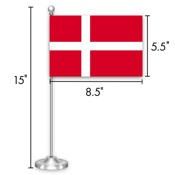 G128 Denmark Danish Deluxe Desk Flag Set | 8.5x5.5 In | Printed 300D Polyester, with Silver Dome and Base, 15" Metal Pole, Decorations For Office, Home and Festival Events Celebration - Image 7