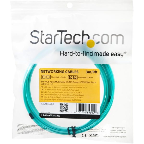 StarTech.com 3m Fiber Optic Cable - 10 Gb Aqua - Multimode Duplex 50/125 - LSZH - LC/LC - OM3 - LC to LC Fiber Patch Cable - Image 4