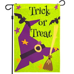 G128 - Halloween Garden Flag, Trick or Treat Quote with Witch Garden Yard Decorations, | 12x18 Inch | Printed 150D Polyester - Rustic Holiday Seasonal Outdoor Flag