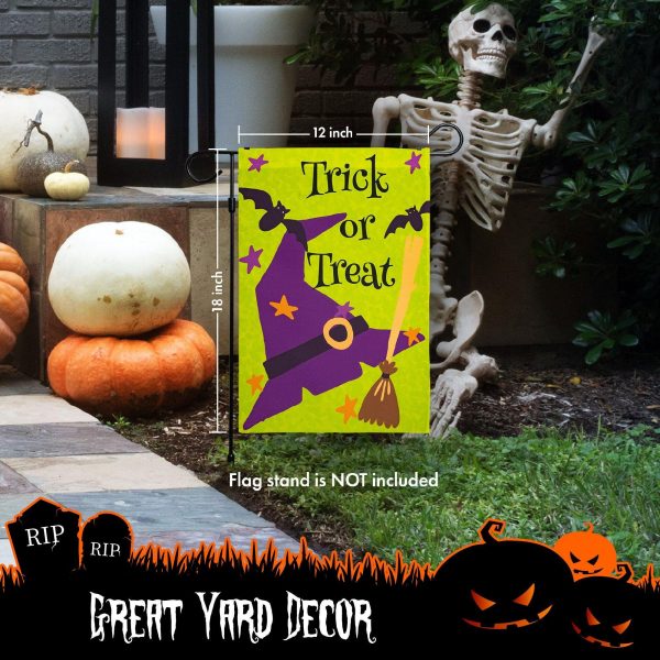 G128 - Halloween Garden Flag, Trick or Treat Quote with Witch Garden Yard Decorations,  | 12x18 Inch | Printed 150D Polyester - Rustic Holiday Seasonal Outdoor Flag - Image 6