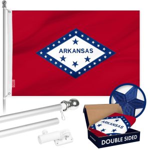 G128 Combo Pack: 6 Ft Tangle Free Aluminum Spinning Flagpole (Silver) & Arkansas AR State Flag 3x5 Ft, Double ToughWeave Series Double Sided Embroidered 210D Polyester | Pole with Flag Included