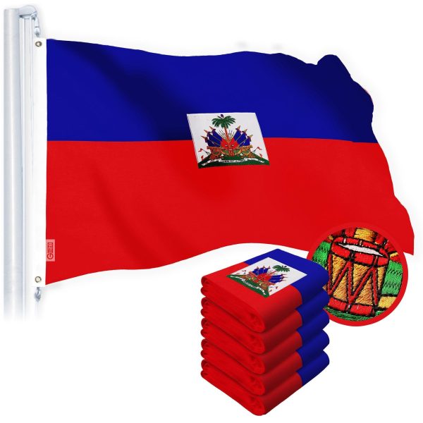 G128 5 Pack: Haiti Haitian Flag | 2.5x4 Ft | StormFlyer Series Embroidered 220GSM Spun Polyester | Country Flag, Embroidered Design, Indoor/Outdoor, Brass Grommets, Heavy Duty, All Weather