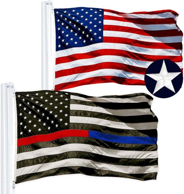 G128 Combo Pack: USA American Flag 3x5 Ft Embroidered Stars & Thin Blue Line and Thin Red Line Flag 3x5 Ft Embroidered