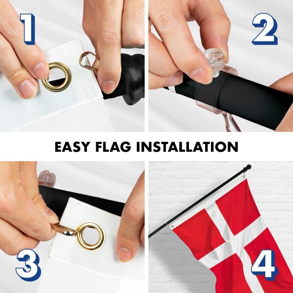 G128 Combo Pack: 6 Feet Tangle Free Spinning Flagpole (Black) Denmark Danish Flag 3x5 ft Printed 150D Brass Grommets (Flag Included) Aluminum Flag Pole - Image 7