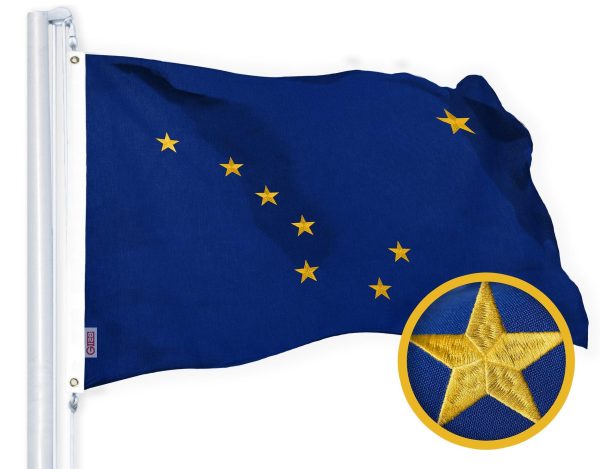 G128 Alaska State Flag | 2x3 Ft | StormFlyer Series Embroidered 220GSM Spun Polyester | Embroidered Design, Indoor/Outdoor, Brass Grommets, Heavy Duty, All Weather