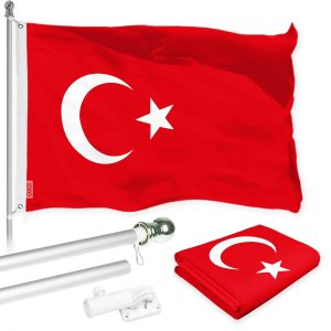 G128 Combo Pack: 6 Ft Tangle Free Spinning Flagpole (Silver) & Turkey Flag 3x5 Ft Printed 150D Polyester, Brass Grommets (Flag Included) Aluminum Flag Pole