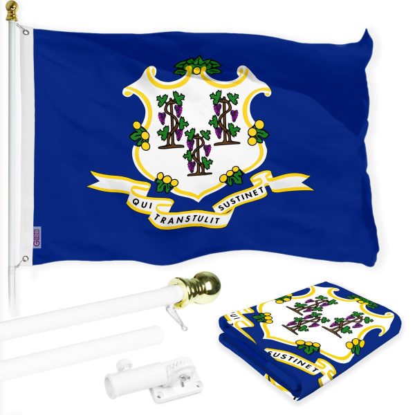 G128 Combo Pack: 6 Ft Tangle Free Spinning Flagpole (White) & Connecticut Flag 3x5 Ft Printed 150D Polyester, Brass Grommets (Flag Included) Aluminum Flag Pole