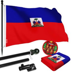 G128 Combo Pack: 5 Ft Tangle Free Spinning Flagpole (Black) & Haiti Flag 2x3 Ft Embroidered 220GSM Spun Polyester, Brass Grommets (Flag Included) Aluminum Flag Pole