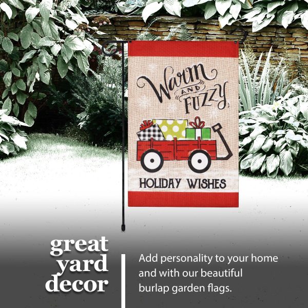 G128 Combo Pack: Garden Flag Stand Black 36 in x 16 in & Garden Flag Winter Decoration Warm and Fuzzy Holiday Wishes Wagon with Gifts 12"x18" Double-Sided Burlap Fabric - Image 6