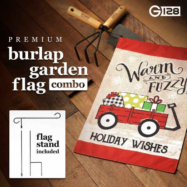 G128 Combo Pack: Garden Flag Stand Black 36 in x 16 in & Garden Flag Winter Decoration Warm and Fuzzy Holiday Wishes Wagon with Gifts 12"x18" Double-Sided Burlap Fabric - Image 7
