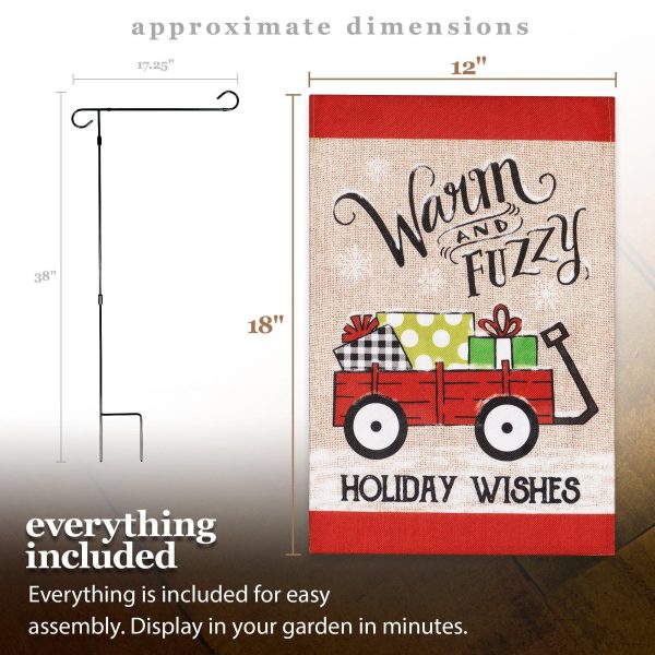 G128 Combo Pack: Garden Flag Stand Black 36 in x 16 in & Garden Flag Winter Decoration Warm and Fuzzy Holiday Wishes Wagon with Gifts 12"x18" Double-Sided Burlap Fabric - Image 9