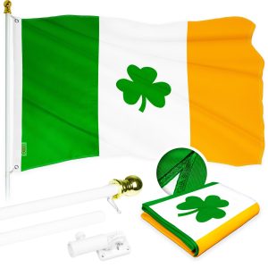 G128 Combo Pack: 5 Ft Tangle Free Aluminum Spinning Flagpole (White) & Ireland Irish Shamrock Flag 2x3 Ft, ToughWeave Series Embroidered 300D Polyester | Pole with Flag Included