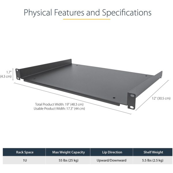 StarTech.com 1U Server Rack Cabinet Shelf - Fixed 12" Deep Cantilever Rackmount Tray for 19" Data/AV/Network Enclosure w/cage nuts, screws - Image 3