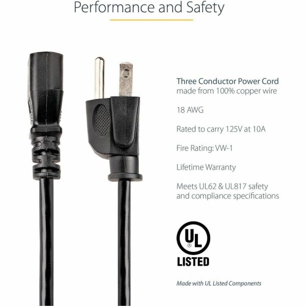 StarTech.com 6ft 1(1.8m) Computer Power Cord, NEMA 5-15P to C13, 10A 125V, 18AWG, Black Replacement AC PC Power Cord, TV/Monitor Power Cable - Image 2
