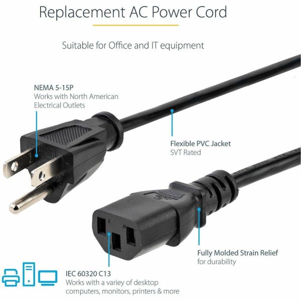 StarTech.com 6ft 1(1.8m) Computer Power Cord, NEMA 5-15P to C13, 10A 125V, 18AWG, Black Replacement AC PC Power Cord, TV/Monitor Power Cable - Image 3