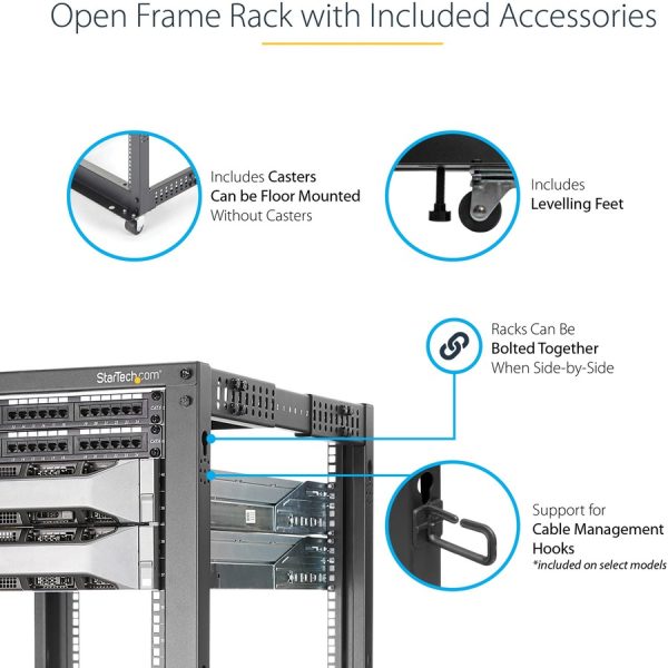 StarTech.com 4-Post 12U Mobile Open Frame Server Rack, 19" Network Rack with Casters, Rolling Rack for Computer/AV/Data/IT Equipment - Image 6