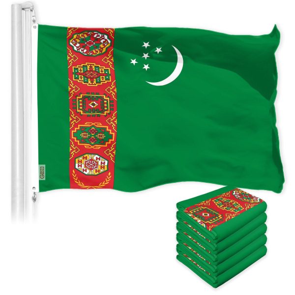 G128 5 Pack: Turkmenistan Turkmenistani Flag | 3x5 Ft | LiteWeave Pro Series Printed 150D Polyester | Country Flag, Vibrant Colors, Brass Grommets, Thicker and More Durable Than 100D 75D Polyester