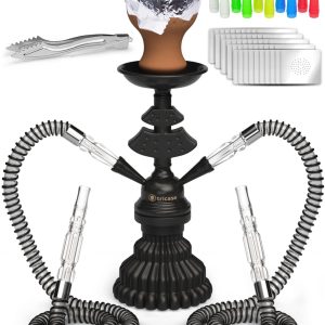 Hookah Set 2 Hose Hookah – LilOne 12” Black Mini Hookah 2 Hose Hookah Set with 50x Foil Hookah Bowl 10x Tips 2x Mouthpiece 2x Hookah Hose Tongs Portable Hookah set with everything Hookah Kit
