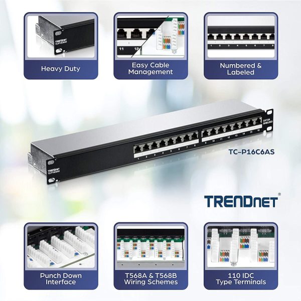 TRENDnet 16-Port Cat6A Shielded Patch Panel, 1U 19" Metal Housing, 10G Ready, Cat5e,Cat6,Cat6A Compatible, Cable Management, Color-Coded Labeling for T568A and T568B Wiring, Black, TC-P16C6AS - Image 2