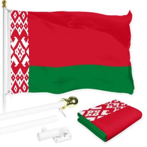 G128 Combo Pack: 6 Ft Tangle Free Aluminum Spinning Flagpole (White) & Belarus Belarusian Flag 3x5 Ft, LiteWeave Pro Series Printed 150D Polyester | Pole with Flag Included