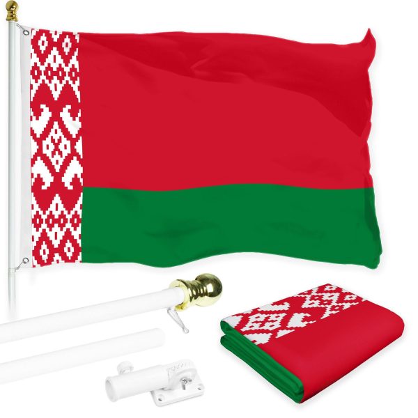 G128 Combo Pack: 6 Ft Tangle Free Aluminum Spinning Flagpole (White) & Belarus Belarusian Flag 3x5 Ft, LiteWeave Pro Series Printed 150D Polyester | Pole with Flag Included