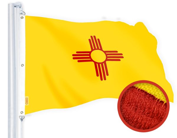 G128 New Mexico State Flag | 5x8 Ft | StormFlyer Series Embroidered 220GSM Spun Polyester | Embroidered Design, Indoor/Outdoor, Brass Grommets, Heavy Duty, All Weather