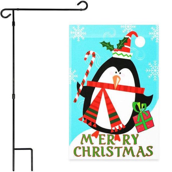 G128 Combo Pack: Garden Flag Stand Black 36x16 Inch & Garden Flag Merry Christmas Penguin with Candy Cane 12x18 Inch