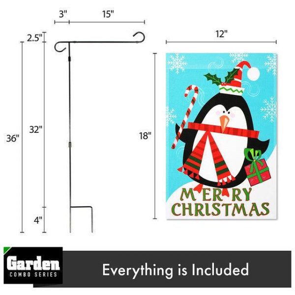 G128 Combo Pack: Garden Flag Stand Black 36x16 Inch & Garden Flag Merry Christmas Penguin with Candy Cane 12x18 Inch - Image 2