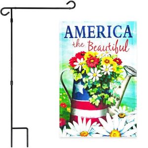G128 Combo Pack: Garden Flag Stand Black 36x16 Inch & Garden Flag America the Beautiful Spring Flowers Watering Can 12x18 Inch