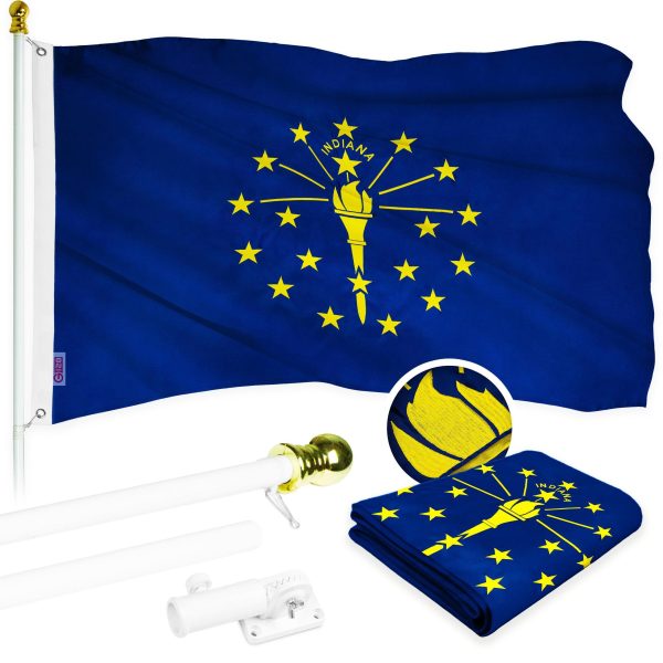 G128 Combo Pack: 5 Ft Tangle Free Aluminum Spinning Flagpole (White) & Indiana IN State Flag 2x3 Ft, ToughWeave Series Embroidered 300D Polyester | Pole with Flag Included