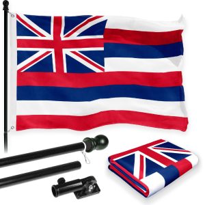 G128 Combo Pack: 6 Feet Tangle Free Spinning Flagpole (Black) Hawaii HI State Flag 3x5 ft Printed 150D Brass Grommets (Flag Included) Aluminum Flag Pole