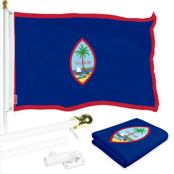 G128 Combo Pack: 6 Ft Tangle Free Spinning Flagpole (White) & Guam Flag 3x5 Ft Printed 150D Polyester, Brass Grommets (Flag Included) Aluminum Flag Pole