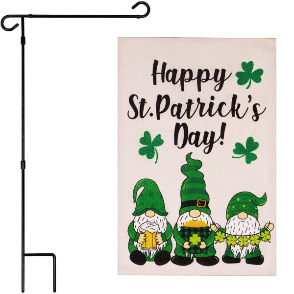 G128 Combo Pack: Garden Flag Stand Black 36 in x 16 in & Garden Flag Happy St. Patrick's Day Decoration Decoration Three Leprechaun Gnomes 12"x18" Double-Sided Burlap Fabric