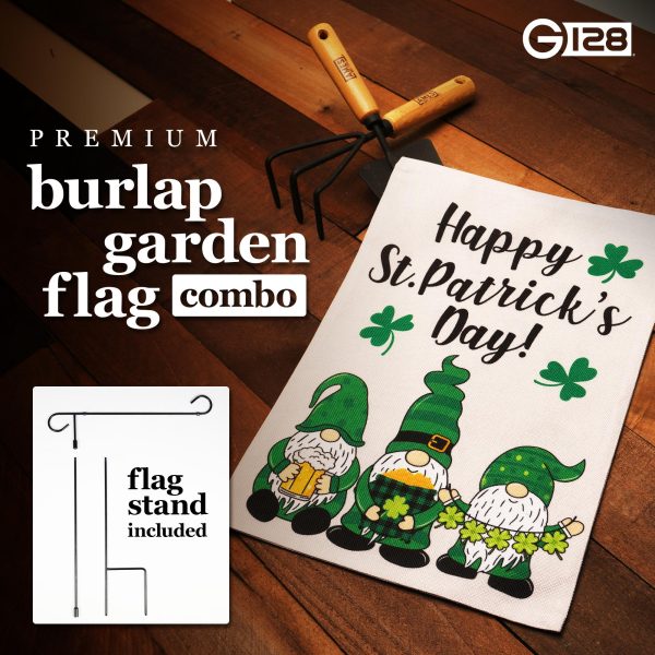 G128 Combo Pack: Garden Flag Stand Black 36 in x 16 in & Garden Flag Happy St. Patrick's Day Decoration Decoration Three Leprechaun Gnomes 12"x18" Double-Sided Burlap Fabric - Image 2