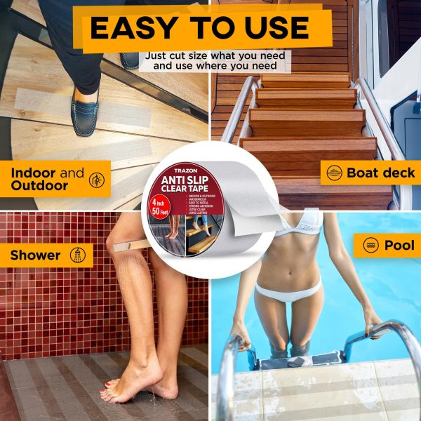 Grip Tape   Heavy Duty Anti Slip Tape Clear Outdoor Indoor 4In*50Ft Non Slip Roll Stickers Easy to Cut Waterproof for Bathtub Shower Floor Pool Stairs Safety Non Skid Comfortable for Bare Foot - Image 3
