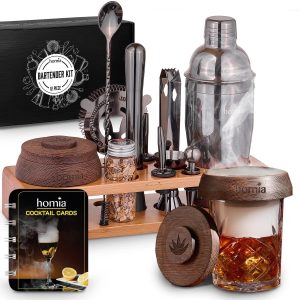 Bartender Kit with Whiskey Smoker  13 pcs Bamboo Stand  Bar Set with Cocktail Shaker Bartending Kit with Essential Bar Accessory Tools Wood Chips Black