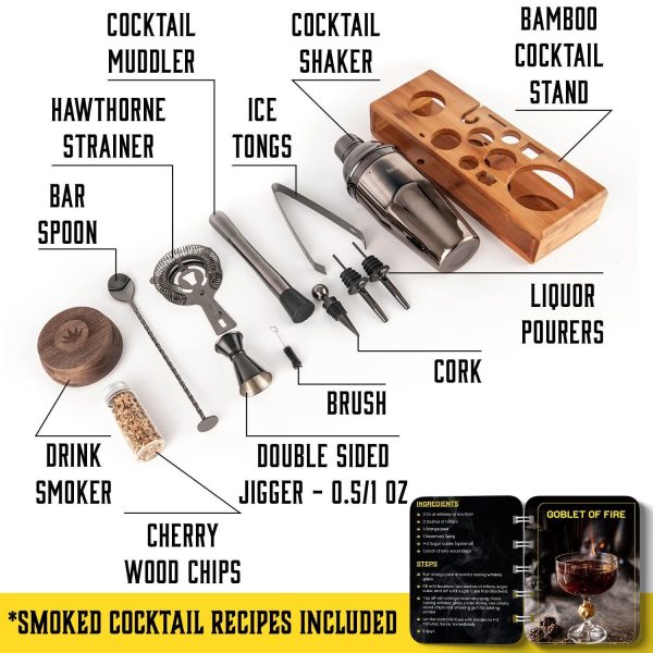 Bartender Kit with Whiskey Smoker  13 pcs Bamboo Stand  Bar Set with Cocktail Shaker Bartending Kit with Essential Bar Accessory Tools Wood Chips Black - Image 2